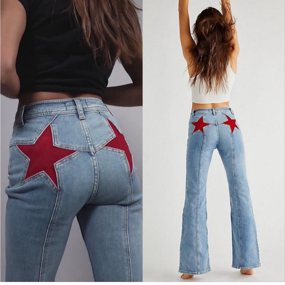 Free People We The Free Firecracker Star Butt Flare Jeans Mid Stone Wash